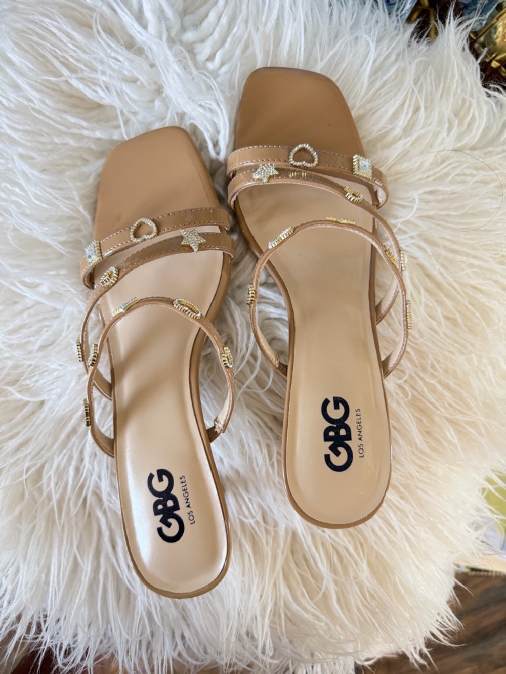 GBG Los Angeles Nude Beaded Strappy Slide Sandals